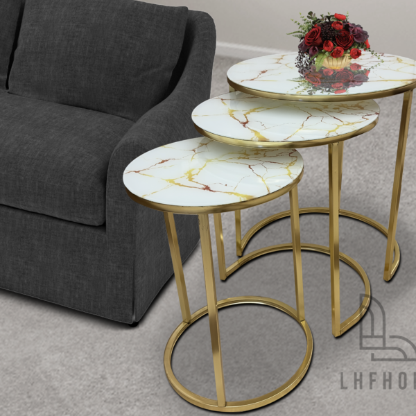 LHFHOMT-Coffee table set Nesting Coffee Table Set of 3 Pices, Round Coffee, Glass Top, Gold Metal Frame, Office, Sofa Side