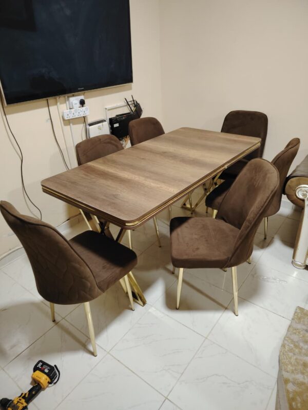 Luxury Dark Brown Wooden Dining Table Set – 6 Seater Rectangular Dining Table with Golden Frame Dubai
