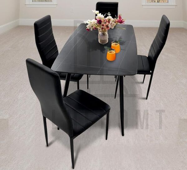 Modern Black Marble Dining Table Set – 4 Seater Rectangular Dining Table with Chairs Dubai