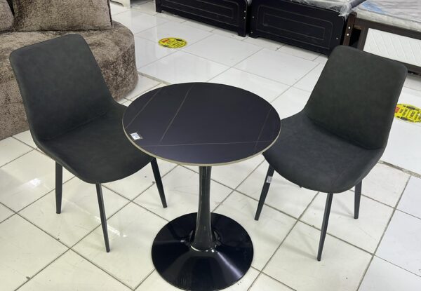 Modern 2 Seater Round Dining Table Set with Black Marble Top & Upholstered Chairs – Compact Dining Set UAE