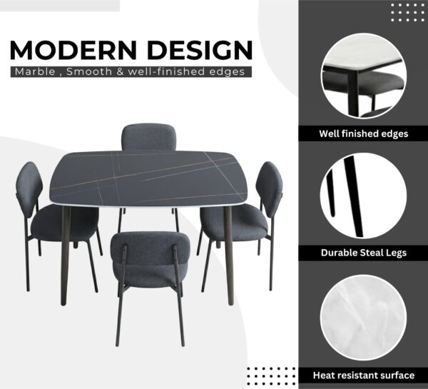 Noir Luxe 4-Seater Dining Set — Black Sintered Stone Table with Gold Vein Detail & Charcoal Upholstered Chairs