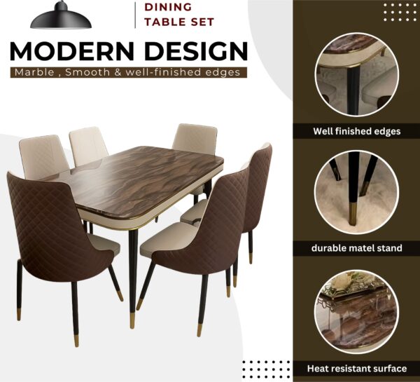 Walnut Luxe 6-Seater Dining Set — Brown Sintered Stone Table with Gold-Tipped Legs & Diamond-Quilted Leather Chairs