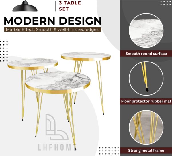 Aurum Nest — Set of 3 Round White & Grey Marble-Effect Nesting Tables with Gold Hairpin Legs | Living Room Side Tables UAE