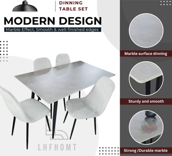 Grano Slate 4-Seater Dining Set — Dark Grey Ceramic Top Table with White Edge & Diamond-Quilted Velvet Chairs | Matte Black Legs