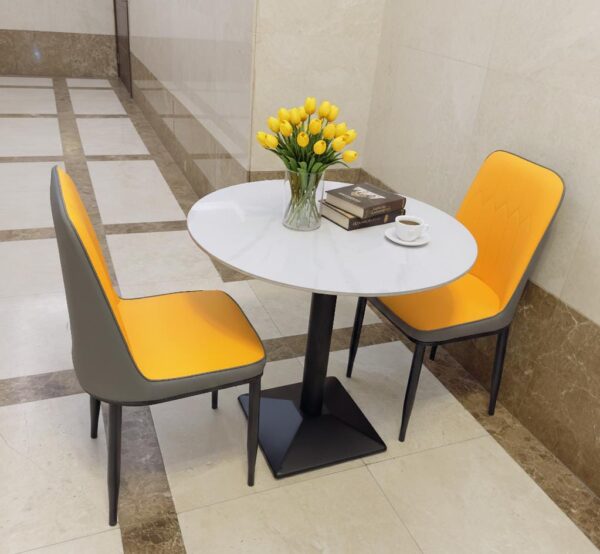Citro Café Set — 2-Seater Round White Marble Top Table with Pedestal Base & Two-Tone Yellow & Grey Leather Chairs | Bistro & Balcony Dining UAE