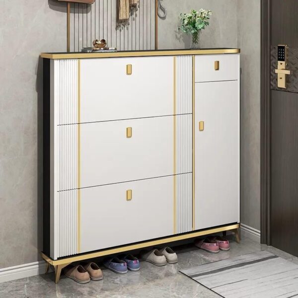 Grand Foyer Shoe Cabinet — Large Capacity White & Gold Flip-Door Shoe Rack with Open Bottom Shelf & Gold Accent Legs | Entryway Storage UAE