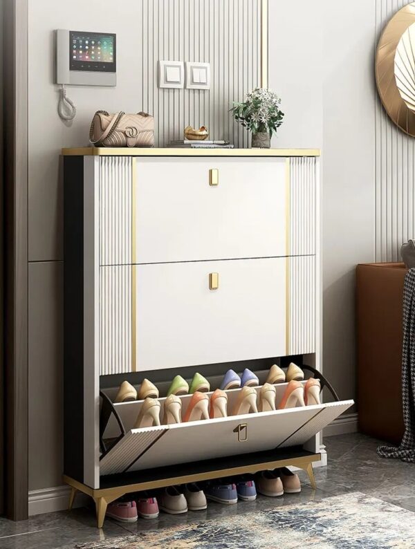 Maison Slim Shoe Cabinet — Ultra-Slim White & Gold Tilt-Door Shoe Rack with 3 Flip Compartments, Open Base Shelf & Gold Legs | Space-Saving Entryway UAE