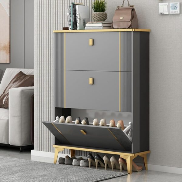 Gris Luxe Shoe Cabinet — Large Capacity Grey & Gold 3-Tier Flip Door Shoe Rack with Open Base Shelf, Gold Trim & Gold Accent Legs | Entryway Storage UAE