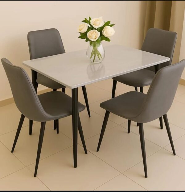 Bianco Slim 4-Seater Dining Set — Gloss White Marble-Effect Table with 4 Grey Leather Bucket Chairs & Tapered Matte Black Legs | Apartment Dining UAE