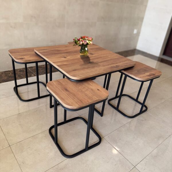 Foresta 5-Piece Coffee Table Set — Large Walnut Wood-Effect Top with 4 Nesting Stools & Matte Black Metal Frames | Industrial Living Room UAE