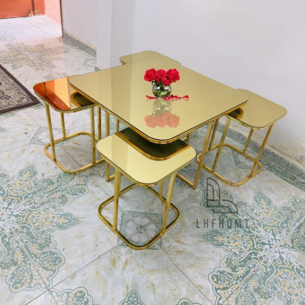 Aurum Mirror 5-Piece Coffee Table Set — Gold Mirror-Top Centre Table with 4 Nesting Stools & Polished Gold Metal Frames | Luxury Living Room UAE
