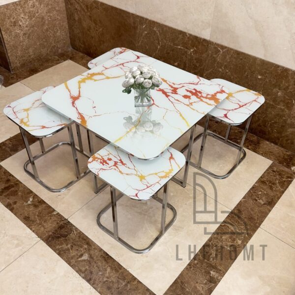 Rosso Marble 5-Piece Coffee Table Set — White & Red Marble-Effect Tops with 4 Nesting Stools & Polished Chrome Steel Frames | Luxury Living Room UAE