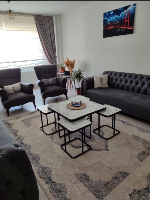 Carrara Noir 5-Piece Coffee Table Set — White Marble-Effect Tops with 4 Nesting Stools & Matte Black Square Frames | Modern Living Room UAE
