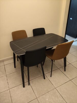 Luno Scoop-Back Dining Chair – Tan/Black Faux Leather with Tapered Metal Legs