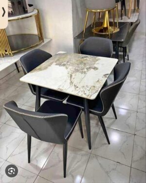 Vega V-Back Luxury Dining Chair – Charcoal Faux Leather with Diamond Stitch Trim & Tapered Metal Legs