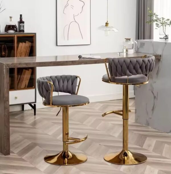 Velour Luxe Bar Stool — Set of 2 Grey Woven Velvet Swivel Bar Chairs with Adjustable Height & Polished Gold Pedestal Base | Kitchen Island & Home Bar UAE