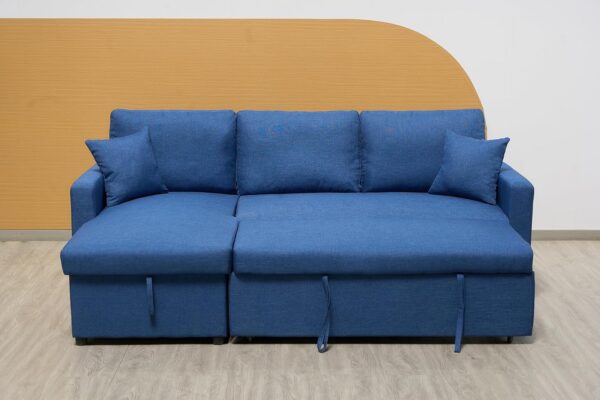 Flex L Sofa Bed — L-Shaped Blue Fabric Sectional Sofa Cum Bed with Storage Chaise & Pull-Out Sleeping Function | Space-Saving Living Room UAE