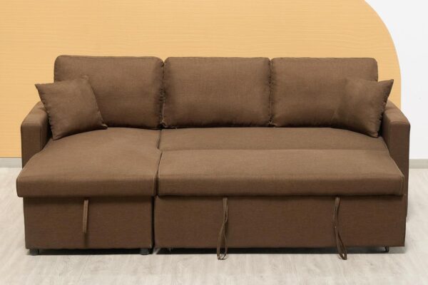 Flex L Sofa Bed — L-Shaped Brown Fabric Sectional Sofa Cum Bed with Storage Chaise & Pull-Out Sleeping Function | Space-Saving Living Room UAE