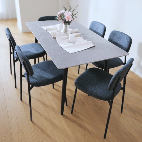 LHFHOMT-7 Piece Dining Table Set for 6 Person, 1 PC Modern Rectangular Marble-Look Ceramic Top Table With 6 Upholstered Chairs for Kitchen, Dining Room, Cafeteria