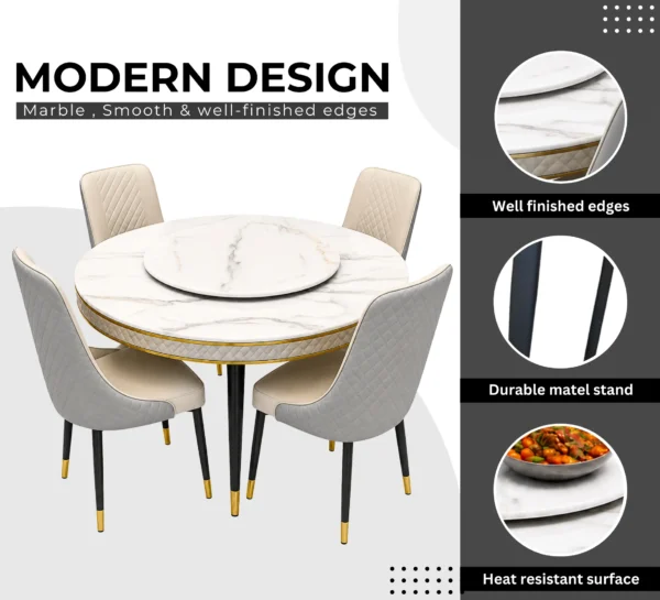 Modern round marble dining table with gold trim and four quilted dining chairs