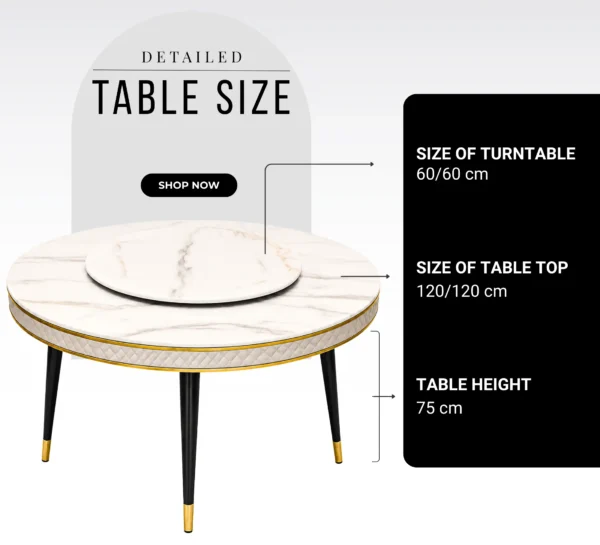 Round marble table showing 120 cm tabletop, 60 cm turntable, and 75 cm height