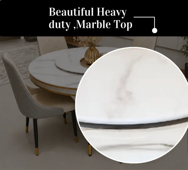 Close-up of the smooth white marble tabletop with polished edge and subtle veining