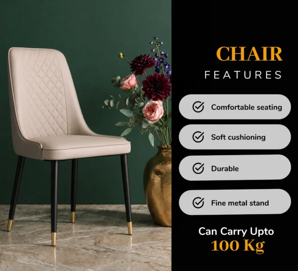Quilted cream dining chair with soft cushioning, durable metal legs, and gold accents