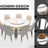 Six-chair marble dining set featuring a white top, gold trim, and black metal legs