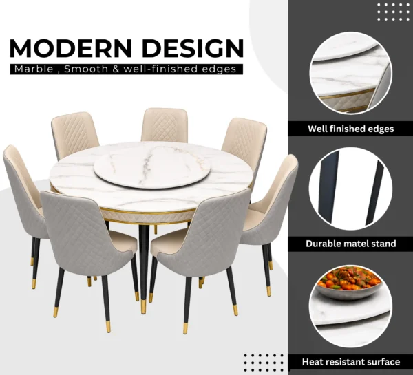 Six-chair marble dining set featuring a white top, gold trim, and black metal legs